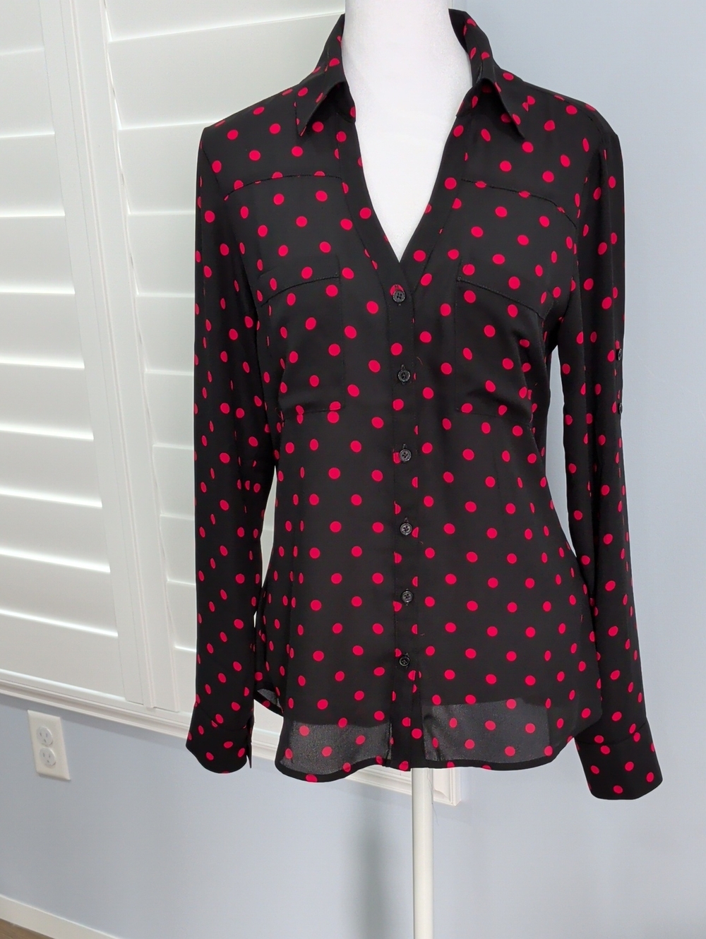 Express Black Button-Down Shirt with Red Polka Dots